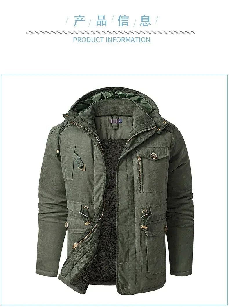 Men's Jacket WINTER USA SIZE Large SIZE Lamb Fleece JACKETS Hooded Cotton Thickened Multi Pocket Casual Mid length Coat.