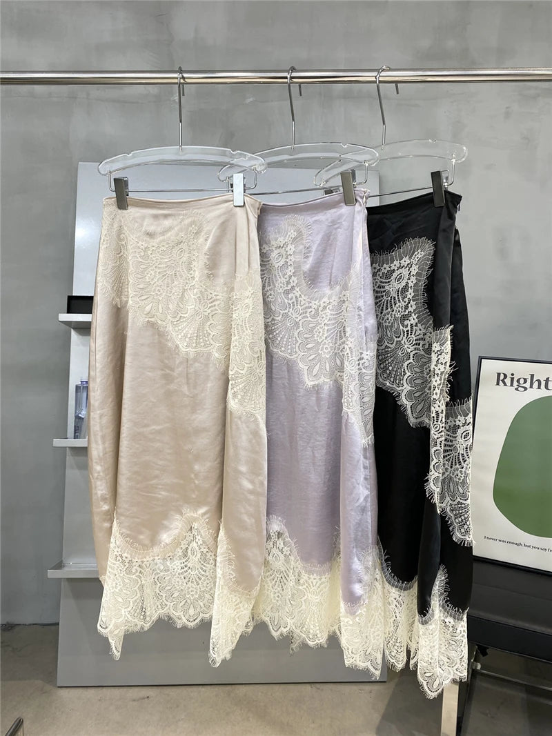 High-End Retro Satin Lace Stitching Skirt Women's 2024 Summer High Waist Slimming Court Style Temperament Mid-Length Skirt.