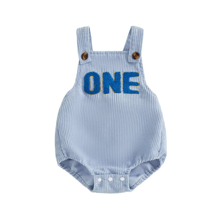 Baby-Overall, ärmellos, quadratischer Ausschnitt, Buchstaben-Stickerei, Strampler für Neugeborene, einjähriges Outfit für Jungen und Mädchen.