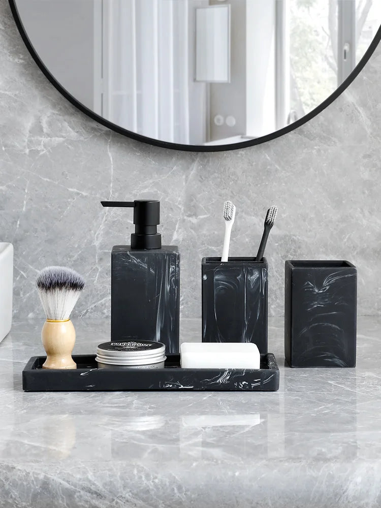 Bathroom Accessories Complete Marble Pattern Lotion Soap Dispenser,Toothbrush Holder,Tumbler,Tray Resin material Black white.