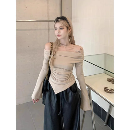 American Style Spicy Girl Irregular One Shoulder Long Sleeve T-Shirt Women's Spring Autumn Slimming Versatile Base Shirt Top.