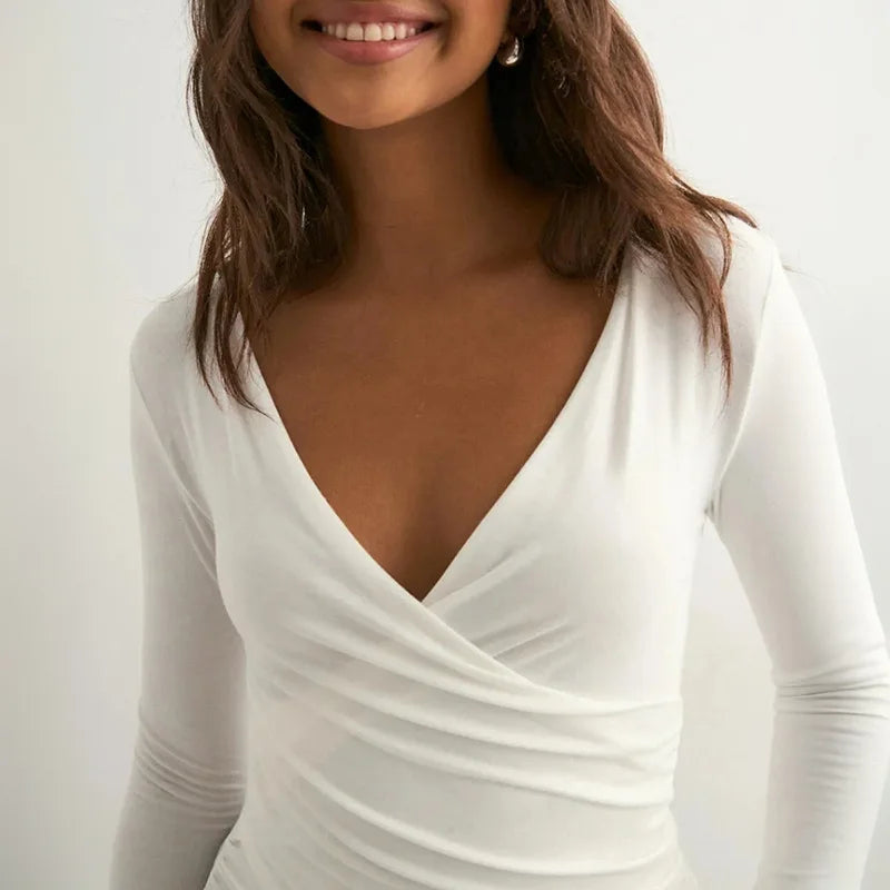 Sexy Solid Color V-neck Long Sleeved T-shirt Top Waist Cinching 2025 Trendy Casual Top for Women.