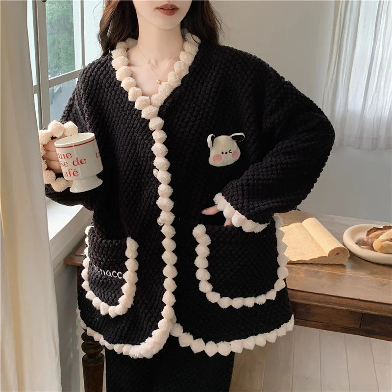 Winter Women Warm Fashion Pajama Sets Sweet   Elegant French Style Girlish Leisure Thicken Flannel Comfort Pajamas