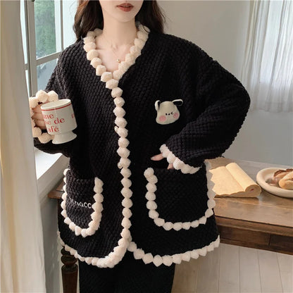 Winter Women Warm Fashion Pajama Sets Sweet   Elegant French Style Girlish Leisure Thicken Flannel Comfort Pajamas