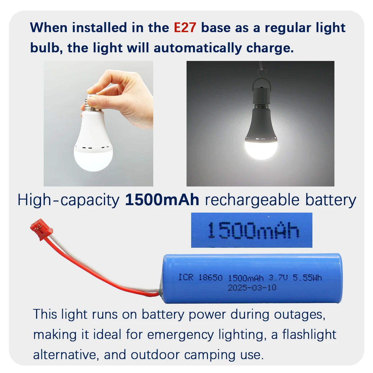 LED-Notfalllampe, wiederaufladbare Glühbirne, 7 W, E27, 110 V, 220 V, tragbar, zum Aufhängen, 3-Wege-Campinglampe, Zelt, Zuhause, Stromausfall, Veranda.
