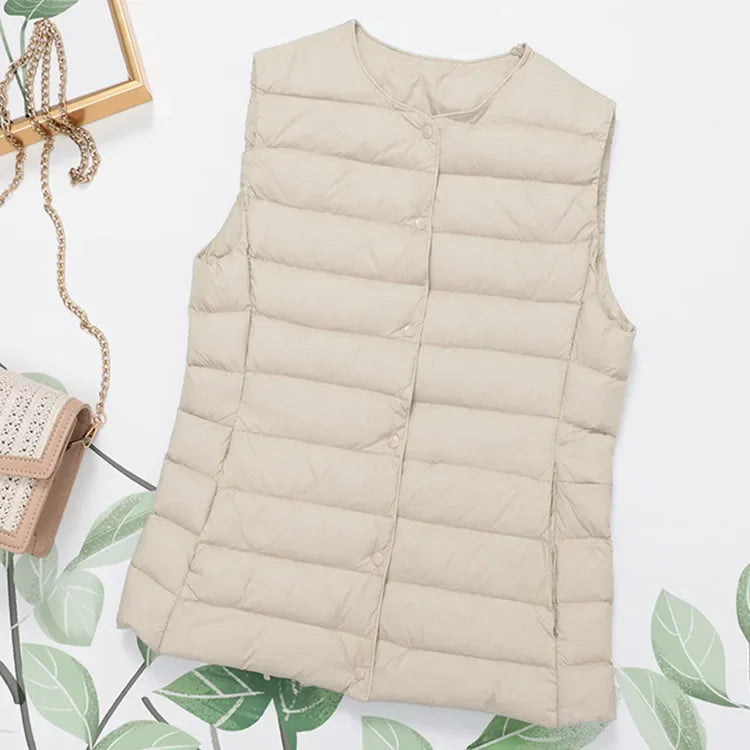 2023 Neuankömmlinge Herbst Winter warme Frauen ärmellose Daunen futter Taillen mantel weibliche ultraleichte weiße Enten Daunen weste Jacken