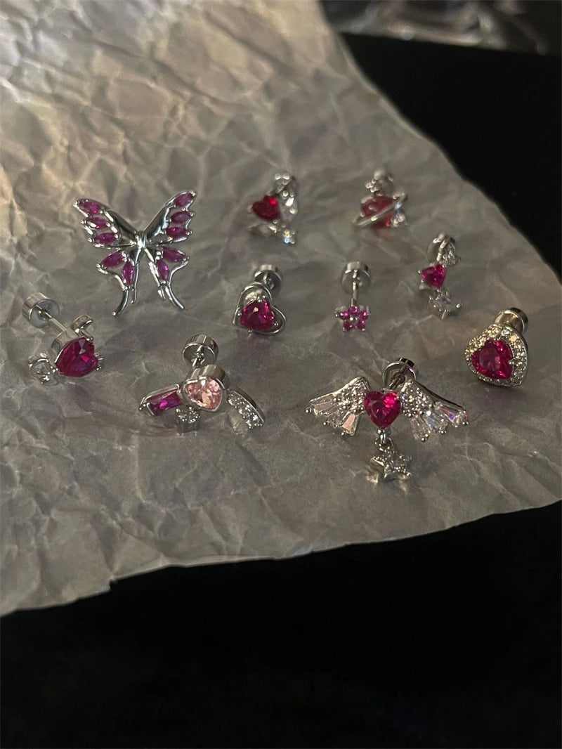 New Trendy Shiny Rose Red Color Zircon 316L Stainless Steel Ear Bone Nail Y2K Gothic Love Heart Small Earrings for Women Jewelry.