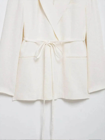 HH Women's Suits White Turn-Down Collar Long Sleeves Lace-Up Blazers+High Waist Zipper Long Pants Female Spring Fashion Sets.