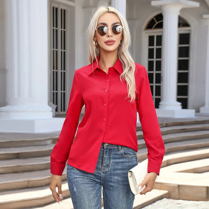 1pcs Woman Spring Autumn Solid color Shirts Lady Casual Long Sleeve Turn-down Collar Loose Shirt Female Fashion Temperament Tops.