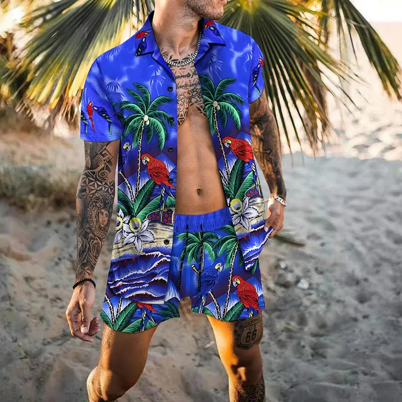 Hawaiian Men Cardigan 2Pcs Sets Summer 3D Print Short Sleeve Button Shirts Beach Shorts Holiday Men's Daily Two Piece Suit.