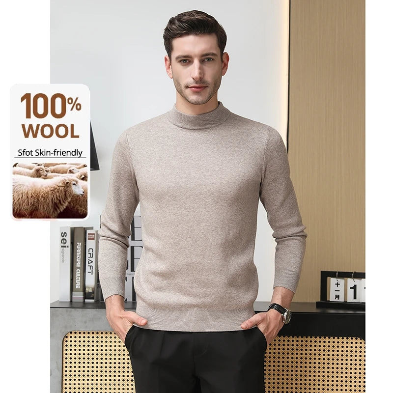 High End 100% Wool Thick New Autum Winter Fashion Brand Pullover Knit Half Turtleneck Business Sweater Casual Men Clothing