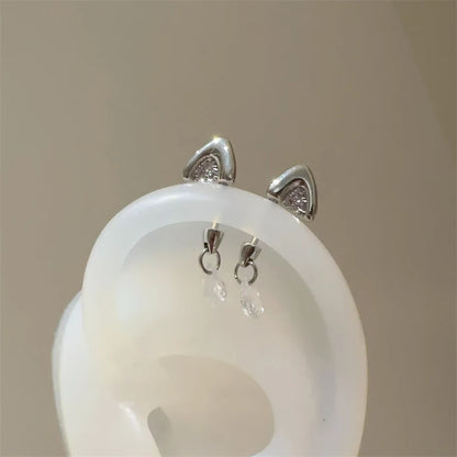 Silver Color Cat's Ear Droplet Shaped Zircon Stainless Steel Ear Bone Nail Earring for Women New Trendy Body Piercing Accessorie