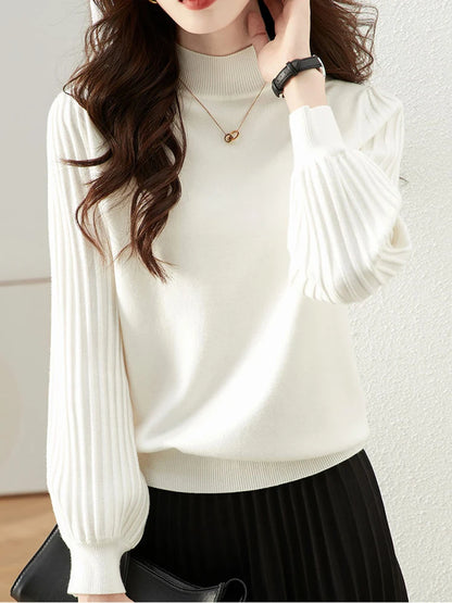 Women Half High Collar Base Sweater Autumn And Winter Casual Solid Knitted Tops Pit Stripe Long Sleeved Pullover Sweaters.