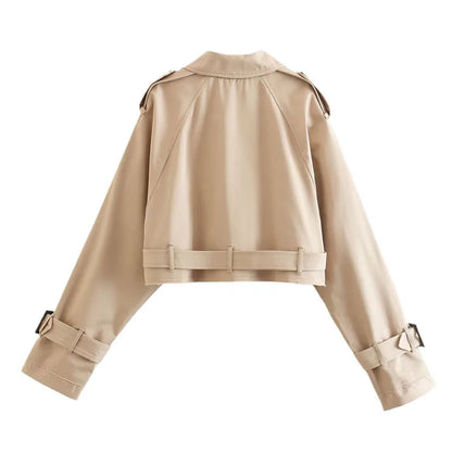 Frauen kurze Blazer Jacken Herbst elegante Vintage einfarbige Langarm Zweireiher Trenchcoat mit Gürtel