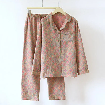 100% Cotton Crepe Homeclothes 2023 Autumn/Winter Women's Pajamas Suit Long-Sleeved Trousers 2-piece Yarn-Dyed Jacquard Pajamas.