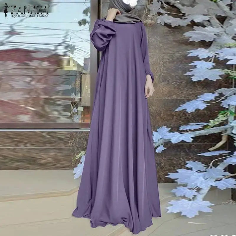ZANZEA Muslim Women Summer Abaya Sundress Solid Islamic Clothing Marocain Vestido Robe Femme Fashion Long Sleeve Kaftan Dress.