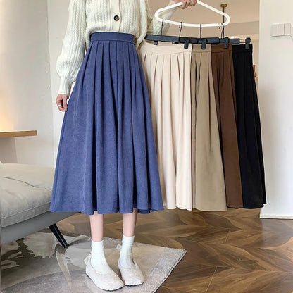 Lucyever Vintage Brown High Waist Pleated Skirt Women Korean Fashion College Style Long Skirt Ladies Autumn Casual A line Skirts.
