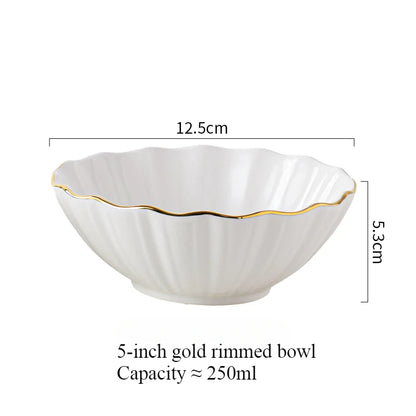 European high-end gold edged ceramic bowl, fruit salad bowl, household breakfast rice noodle bowl, hotel restaurant tableware.