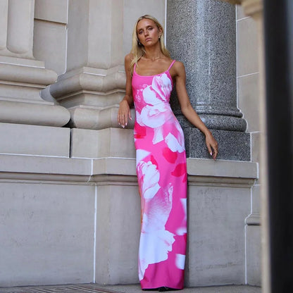 Gedruckt Spaghetti Hot Backless Maxi Kleid Frauen Mode Schlank Elegante Kontrast Patchwork Halter Kleider Herbst Lange DressZ