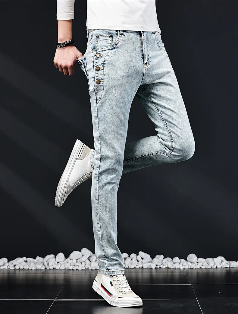 Slim Skinny Jeans Men New Elastic Korean Design Fashion Multi-Button Blue White Vintage Wash Cotton Stretch Denim Pants Trousers.