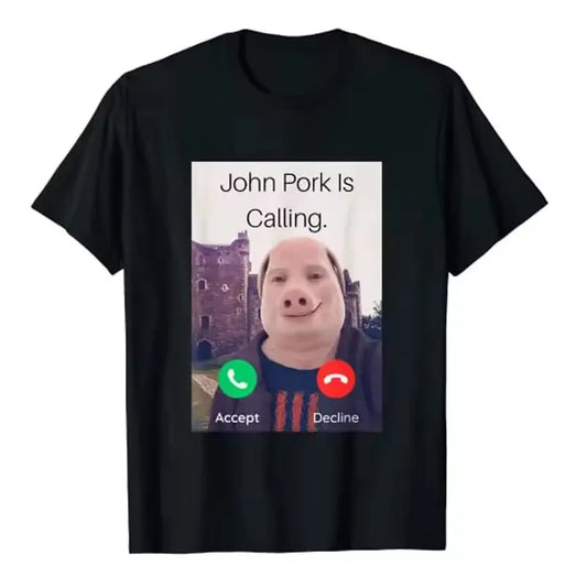 John Pork Is Calling Answer Call Phone T-Shirt Humor Funny Pig Graphic Tee Streetwear High Quality Cotton Short Sleeve T Shirt.