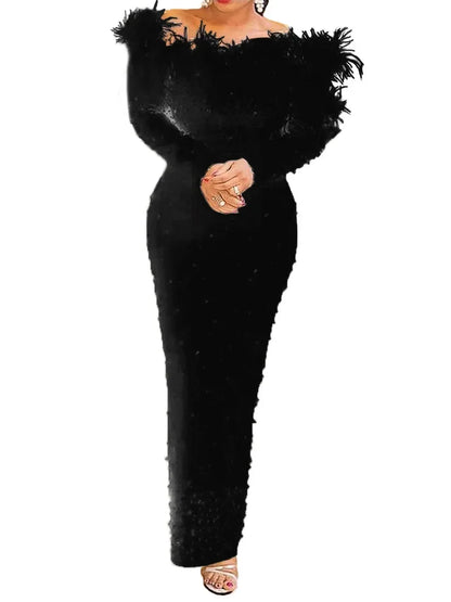 Perlen Scheide sexy Kleid Frauen sexy Slash Kragen Bodycon Midi-Kleid solide hohe Taille Trend schulter freie Scheide Party kleider