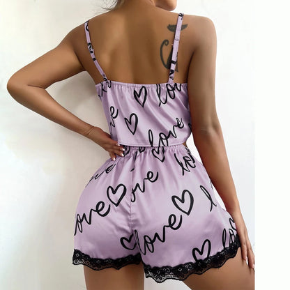 2 teile/satz Pyjama Anzug für Frauen Sexy Nette V-ausschnitt Spitze Liebe Herz Gedruckt Hosenträger Tops Shorts Nighty Nachtwäsche Homewear set.