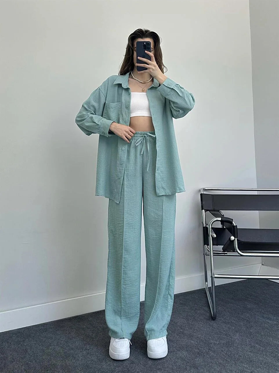 New Autumn Red Women Casual Two-piece Set, Features A Thin Long-sleeved Lapel Shirt Paired with Matching Drawstring Trousers.