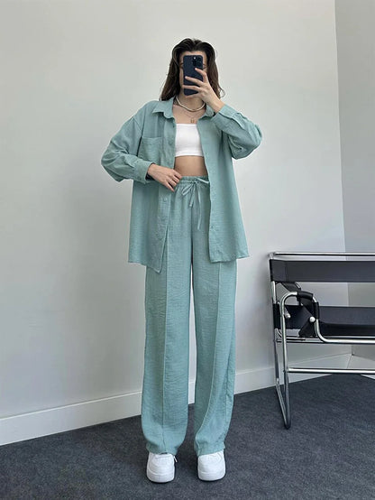 New Autumn Red Women Casual Two-piece Set, Features A Thin Long-sleeved Lapel Shirt Paired with Matching Drawstring Trousers.