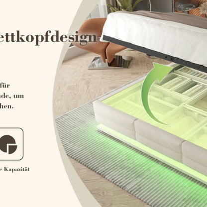 160 x 200 cm großes Bett, modernes, höhenverstellbares Kopfteilbett mit großem Stauraum und LED-Umgebungsbeleuchtung, USB/Typ-C-Verbindungen