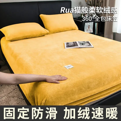 Warm Plush Fitted Sheet Elastic Mattress Cover Fluffy Velvet Fleece Bed Linen Couple Thermal Double Bed Not Included Pillowcase