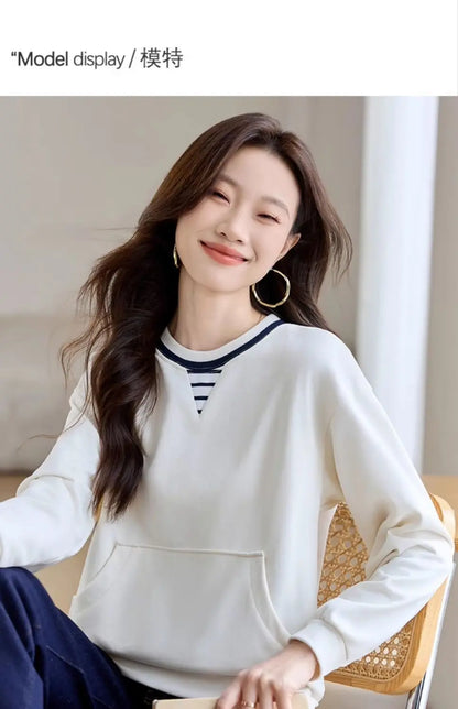 Apricot Round Neck Contrast Long Sleeve Womens Sweatshirt Stylish Casual Minimalist Top.