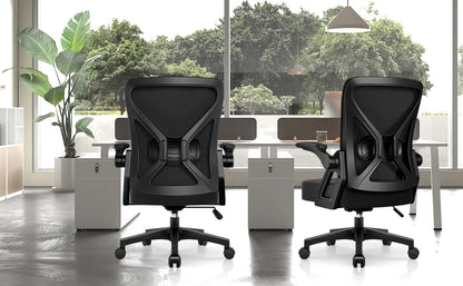 AUTHMIC Ergonomischer Bürostuhl mit Netzrücken, Lordosenstütze, hochklappbare Armlehnen, höhenverstellbar, für die Arbeit im Home-Office-Schreibtisch