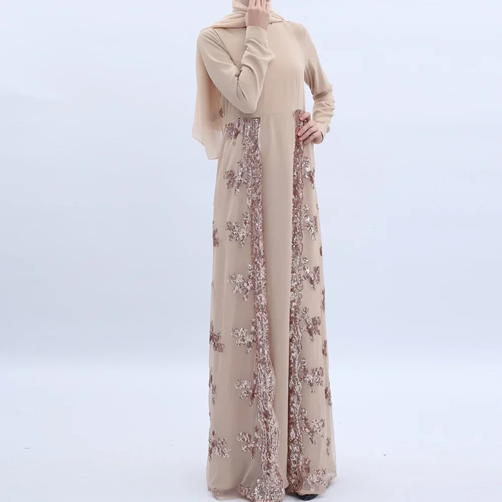 Mode muslimische Abaya Kleider Damen bekleidung solide Pailletten Kleid Nationalität Vintage hoch taillierte Damen kleid Herbst kleidung.
