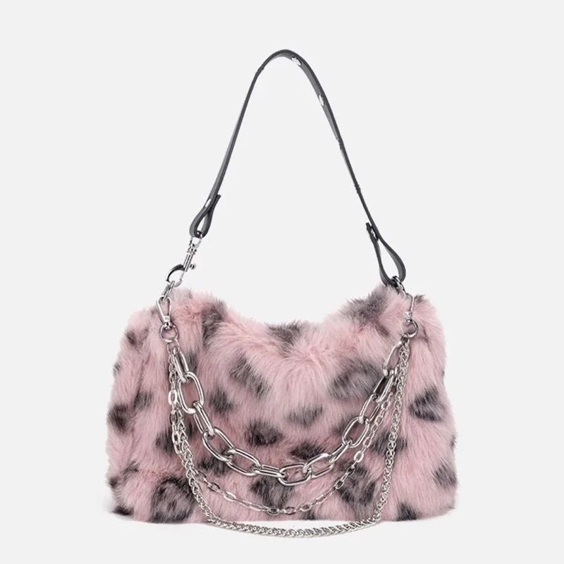 New Faux Fur Leopard Shoulder Bag Women's Autumn Winter Chain Handbags Ladies Leopard Print Clutch Purses Fluffy Top Handle Bags.