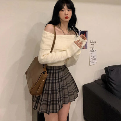 Lucyever Slash Neck Strick pullover Frauen sexy schulter freie Langarm pullover weibliche koreanische elegante verdicken schlanke Pullover Top.