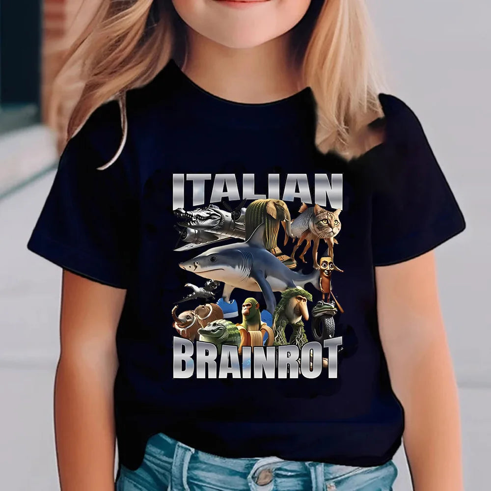 Italian Brainrot Animals Kids Cotton T-shirt Cappuccino Assassino Short Sleeve Tops for Kids Funny Meme Cute Tee Summer Clothing.