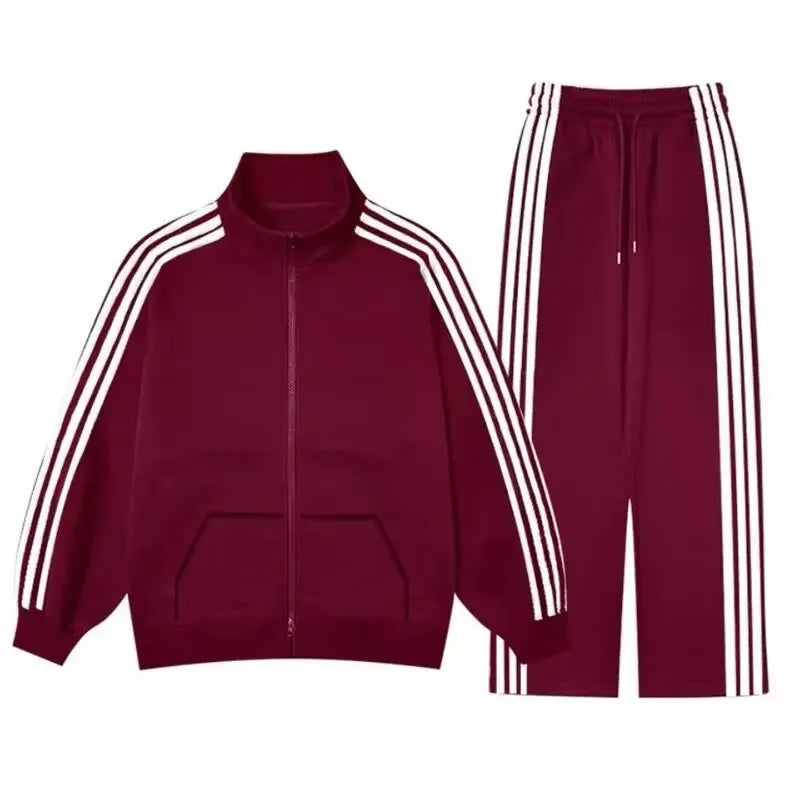 Casual Three-Stripes Men's Jacket And Pants Set Spring Autumn Loose Fit Fashionable Two-Piece Suit Stand Collar Long Trousers.