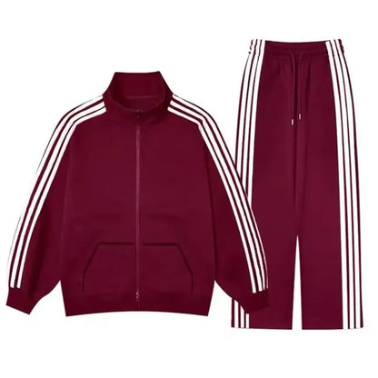 Casual Three-Stripes Men's Jacket And Pants Set Spring Autumn Loose Fit Fashionable Two-Piece Suit Stand Collar Long Trousers.