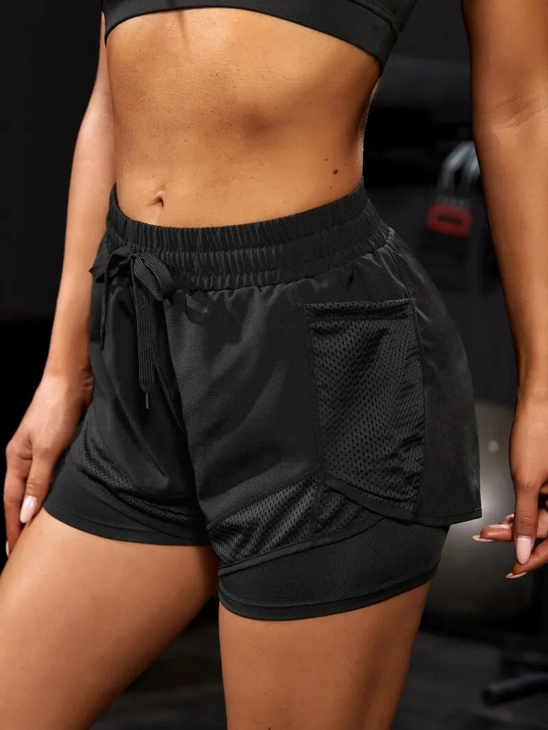 Women's Elastic Sports Shorts, Shorts With Pockets, Fake Two-Piece Yoga Leggings Running And Training.