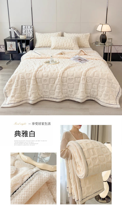 Heart Pattern Coral Fleece Blanket Autumn Winter Double Layer Thicken Warm Plush Blanket for Bed Fluffy Soft Sofa Throw Blankets