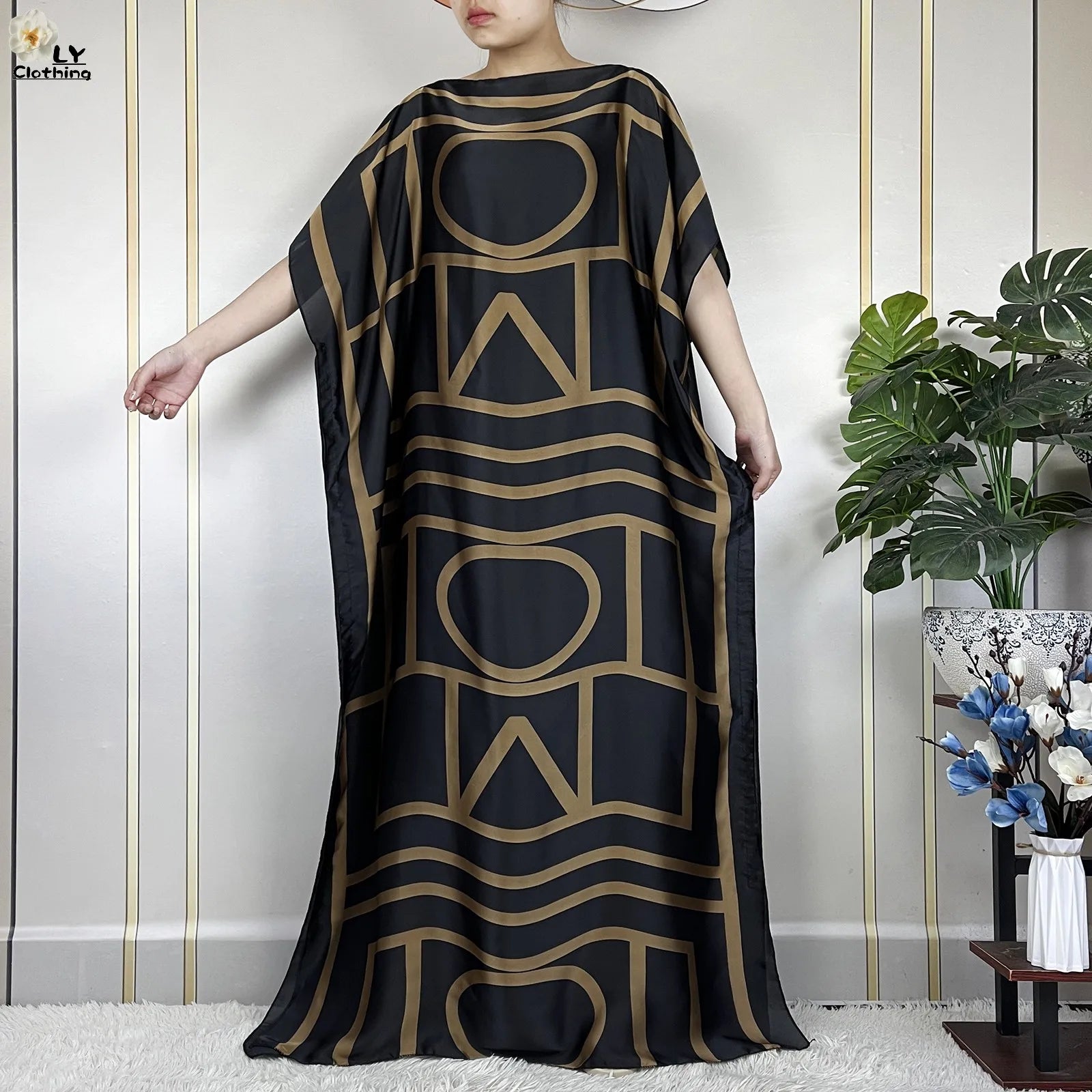 2024 New Dubai Summer Fashion For Women Printed Silk Soft Loose Femme Robe African Islam Maxi Woman Casual Dresses With Turban.