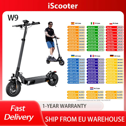 iScooter W9 Electric Scooter, 1000W Motor, 45km/h Max Speed, 45km Range, 48V 14Ah Battery, 10 inch Tires,Front & Rear Disc Brake.
