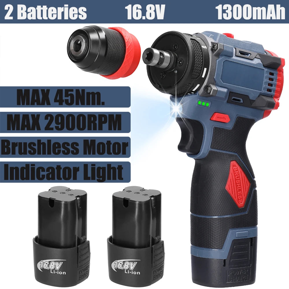 2in1 Akku-Elektroschrauber Bohrer Bürstenloser Motor 45/55 Nm Drehmoment Stufenlose Geschwindigkeitsregelung Hand-Lithium-Treiber-Bohrmaschine