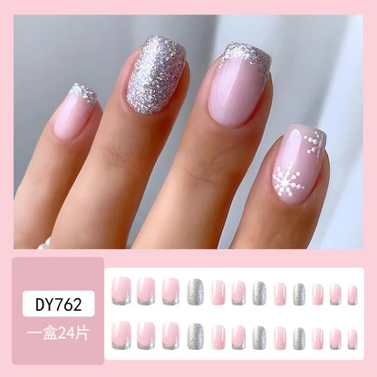 Short Square False Nails French Snowflake Glitter Drill Nail Art Full Cover Detachable Press on Nail Tips Christmas Fake Nails.