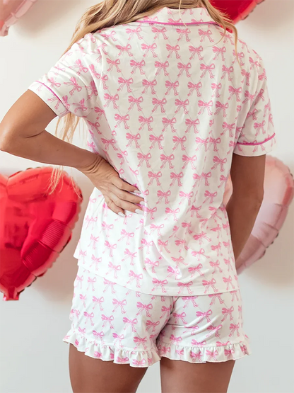 2-teiliges Lounge-Set für Damen, kurzärmelig, Revers, Schleife, Aufdruck, Knopfleiste, Tops, Shorts, Nachtwäsche-Sets.