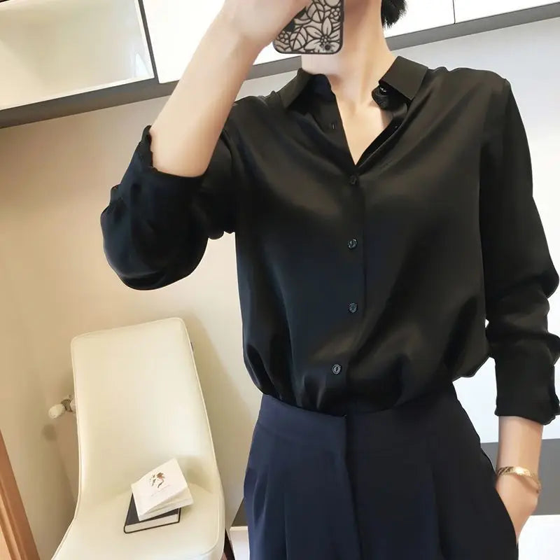 Spring Summer Casual Women's Satin Shirt Lapel Long Sleeve Blouse Loose Solid Color Office Lady Fashion Shirts Top