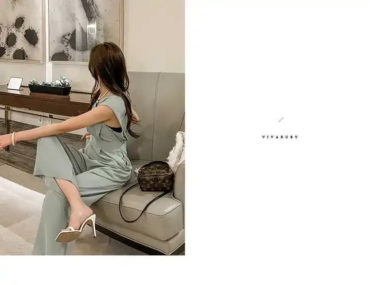 Slimming High Waist Wide Leg Pants Korean Style Fashionable Women's One-Piece Jumpsuit Summer New Arrival Simple Elegant