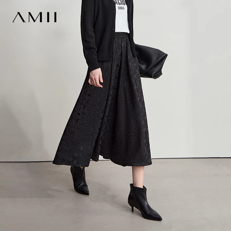 AMII 2025 Arrival Autumn Black A-line Women Skirt  Luxury Style Simple Elegant Elastic Waistband Offcial Lady Blouse 12523037.