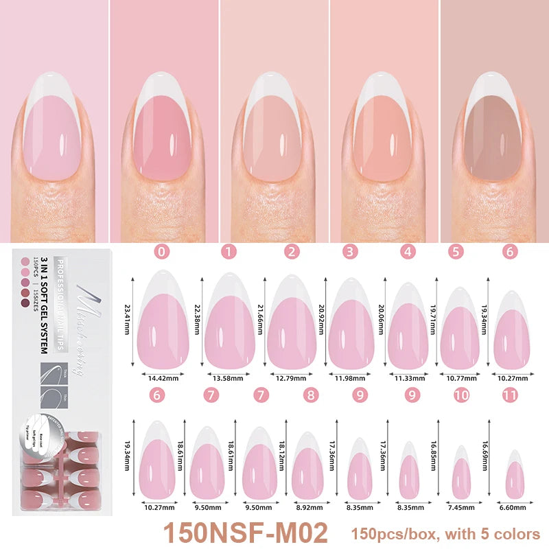 150Pcs/Box Acrylic Press on Nails Full Cover Fake False Tips Soft Gel Extension T-shaped Oval Capsule Almond Sculpted Salon DIY